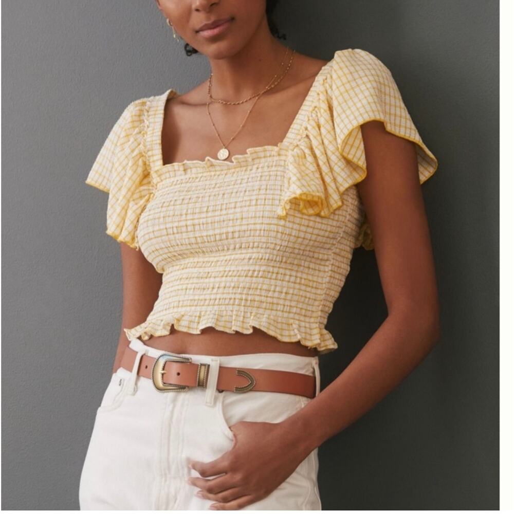 Anthropologie Maeve Yellow Gingham Crinkle Smocked Top Flutter Sleeve Medium